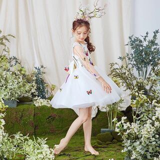 F9067 女の子ワンピース　子供ドレス　カラフルな刺繍　レースワンピース　長袖(ワンピース)