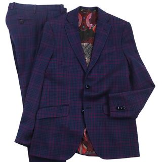 エトロ(ETRO)の極美品●ETRO エトロ NUOVO JERSEY 千鳥格子・裏地総柄 デザインボタン セットアップ シングルスーツ ネイビー系 46 イタリア製 正規品 メンズ(セットアップ)