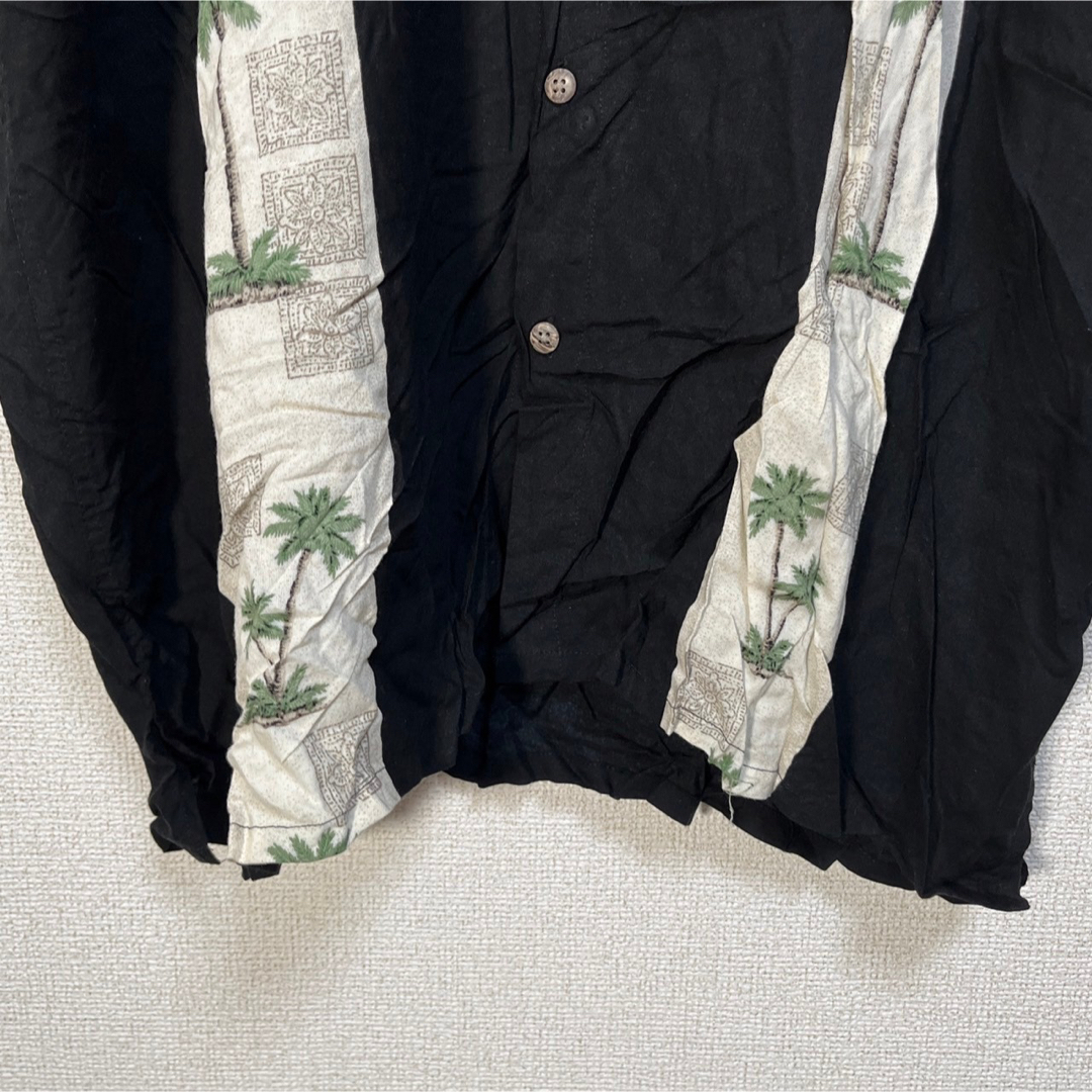 【アロハシャツ】半袖柄シャツレーヨン　ボーダー　ブラック黒　ヤシの木37 メンズのトップス(シャツ)の商品写真