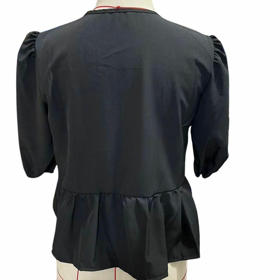 半袖ブラウス シャツ レディース リボン パフ黒 ペプラム トップス カットソー レディースのトップス(シャツ/ブラウス(半袖/袖なし))の商品写真