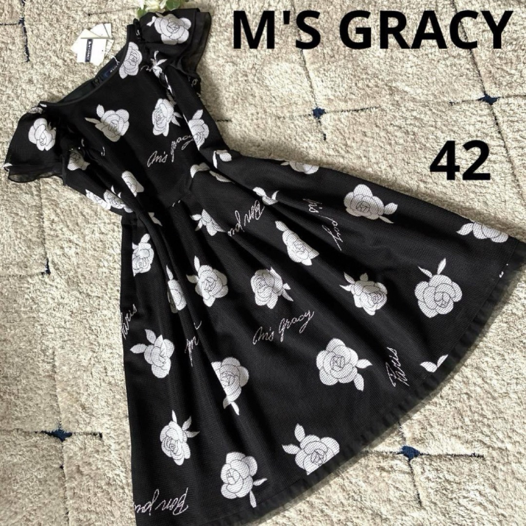 M'S GRACY(エムズグレイシー)の【タグ付き✨】エムズグレイシー　ワンピース　メッシュ　カメリア　花柄　フレア42 レディースのワンピース(ひざ丈ワンピース)の商品写真