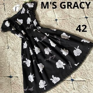 エムズグレイシー(M'S GRACY)の【タグ付き✨】エムズグレイシー　ワンピース　メッシュ　カメリア　花柄　フレア42(ひざ丈ワンピース)