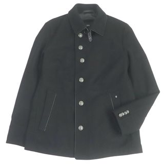 ヒューゴボス(HUGO BOSS)の極美品□HUGO BOSS ヒューゴボス ウール エンブレムロゴボタン レザーパイピング チンストラップ シングル ハーフコート ピーコート ブラック 48 正規品 メンズ(ピーコート)