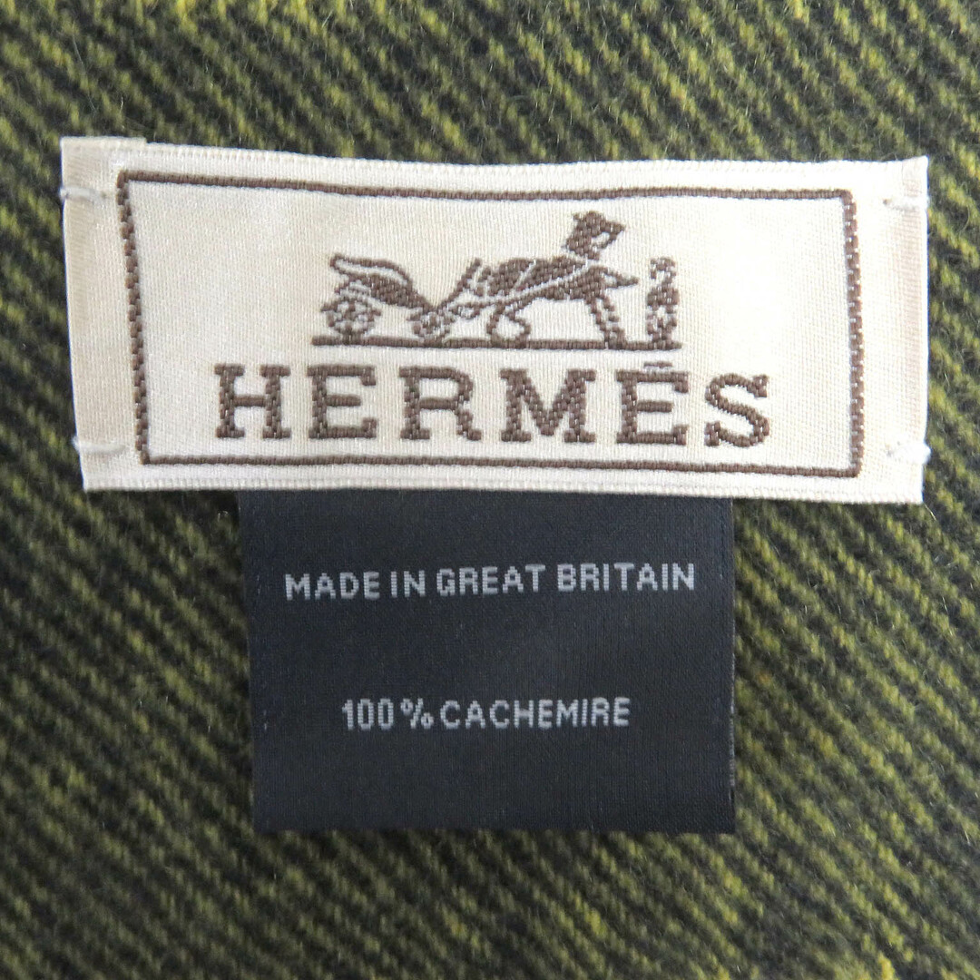 Hermes(エルメス)の極美品□HERMES エルメス カシミヤ100％ シェーヌダンクル クレイジーチェーン ロゴ刺繍 ショール フリンジマフラー イエロー系 UK製 メンズ メンズのファッション小物(マフラー)の商品写真