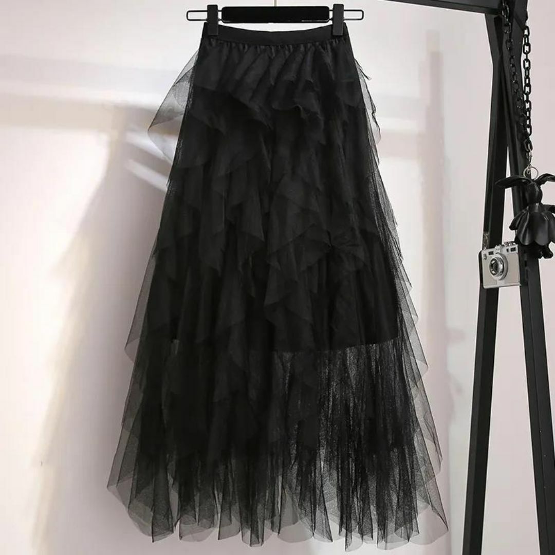 ガーリー♡ チュールスカート M アシンメトリー レース シフォン 黒 春 レディースのスカート(ロングスカート)の商品写真