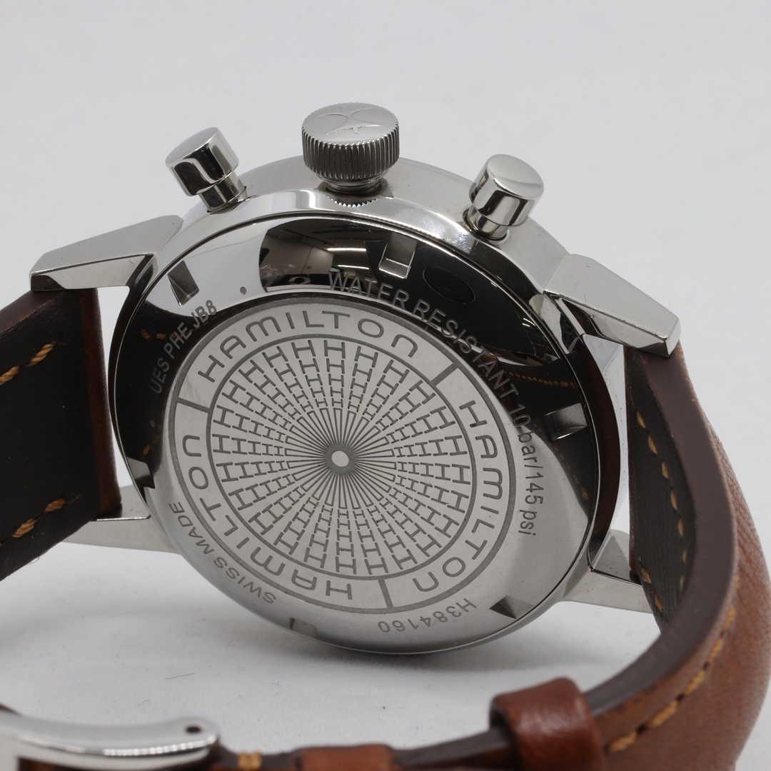 Hamilton(ハミルトン)のITUJOW4E43SC ハミルトン イントラマチック H384160 クロノグラフ デイト AT  SS×革 ネイビー×アイボリー メンズ メンズの時計(腕時計(アナログ))の商品写真