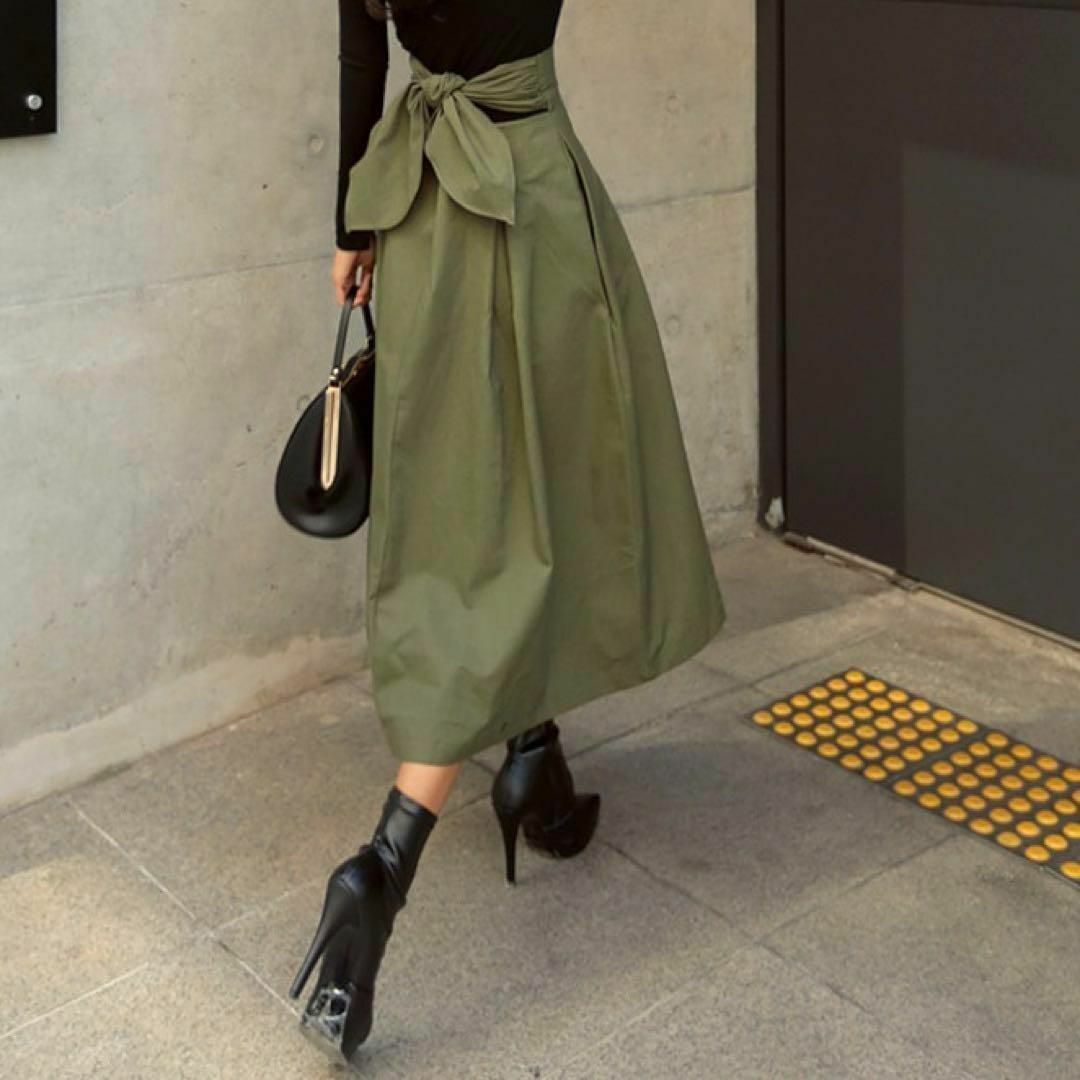 【韓国スタイル】バックリボン Aライン ロングスカート L 通勤 デート 緑 春 レディースのスカート(ロングスカート)の商品写真