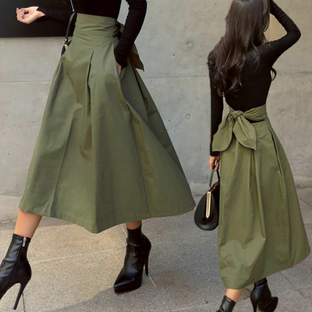 【韓国スタイル】バックリボン Aライン ロングスカート L 通勤 デート 緑 春 レディースのスカート(ロングスカート)の商品写真