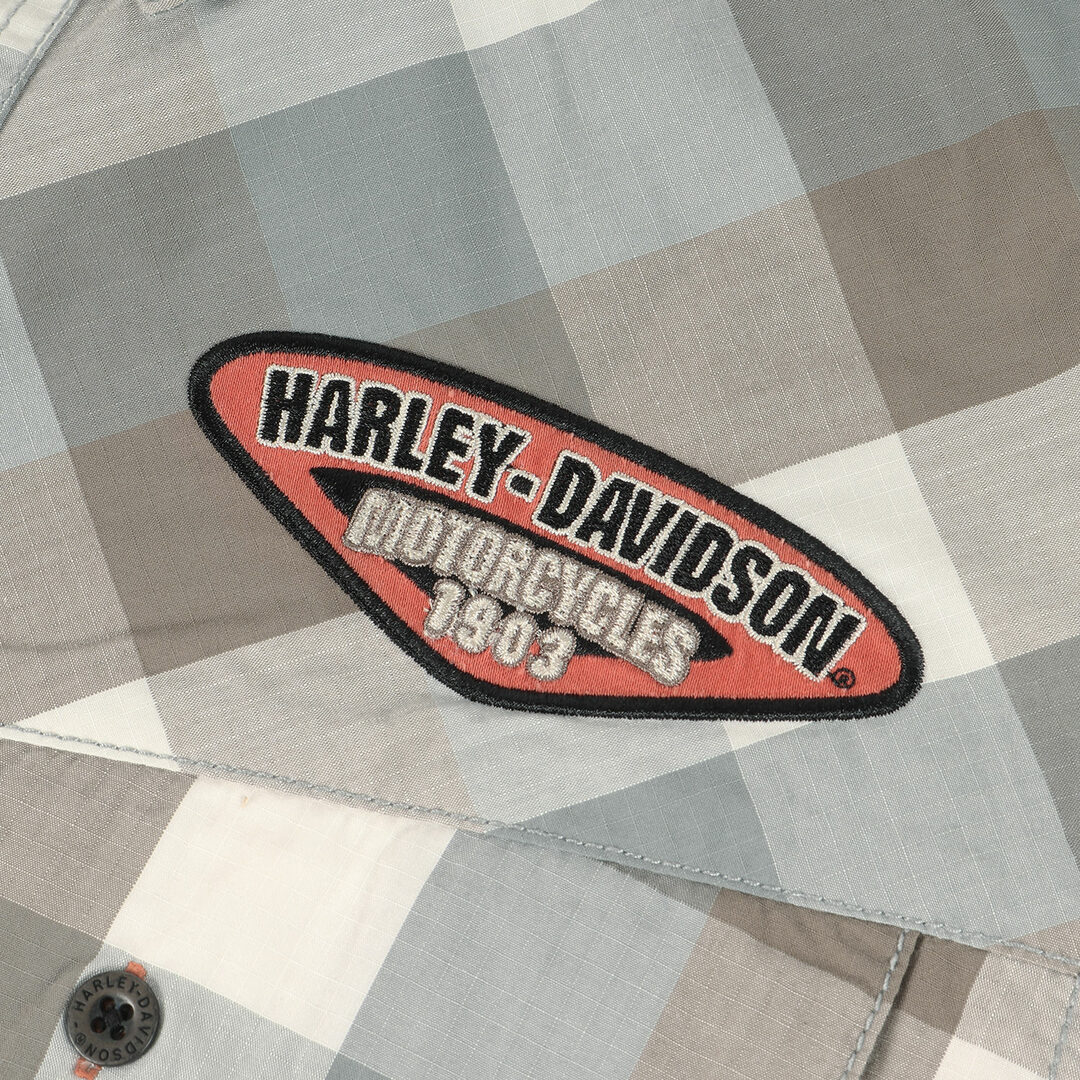 HARLEY-DAVIDSON ハーレーダビッドソン シャツ サイズ:L / ロゴワッペン スナップダウン チェック 半袖シャツ ライトブルー ブラウン / トップス カジュアルシャツ【メンズ】【中古】 メンズのトップス(シャツ)の商品写真