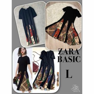 ザラ(ZARA)のZARA コンビ素材プリント柄ワンピース　半袖　黒　スカーフ柄　L　美品(ロングワンピース/マキシワンピース)