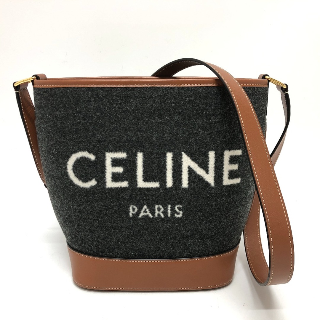 celine(セリーヌ)のセリーヌ CELINE ロゴバケットショルダー カバン 肩掛け 斜め掛け ショルダーバッグ フェルト グレー×ブラウン 美品 レディースのバッグ(ショルダーバッグ)の商品写真