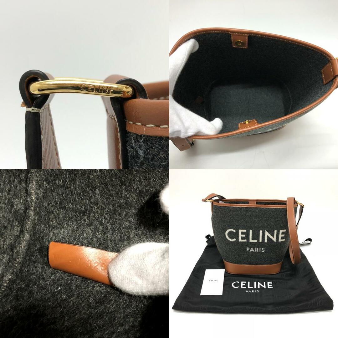 celine(セリーヌ)のセリーヌ CELINE ロゴバケットショルダー カバン 肩掛け 斜め掛け ショルダーバッグ フェルト グレー×ブラウン 美品 レディースのバッグ(ショルダーバッグ)の商品写真