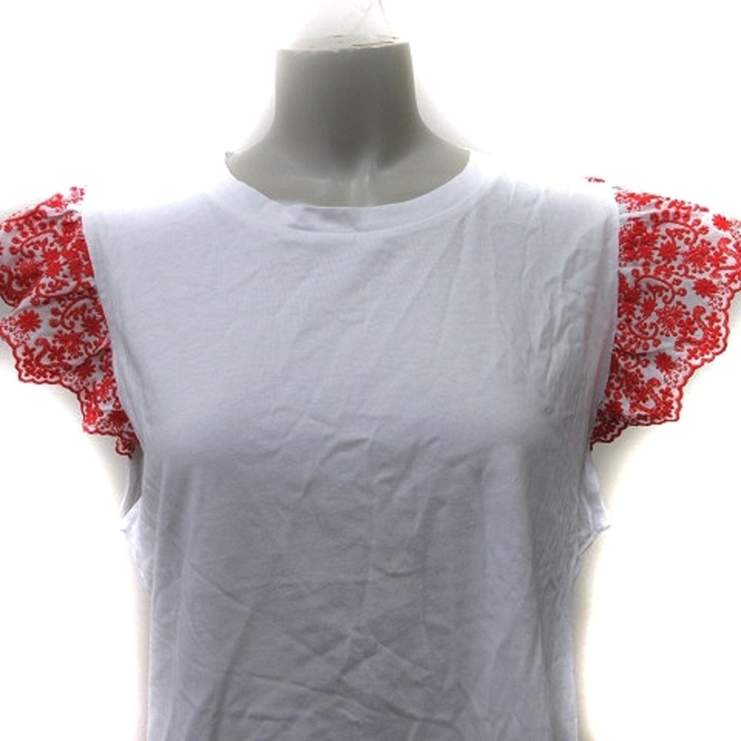 ZARA(ザラ)のザラ Tシャツ カットソー フレンチスリーブ 切替 刺繍 レース 白 赤  レディースのトップス(Tシャツ(半袖/袖なし))の商品写真