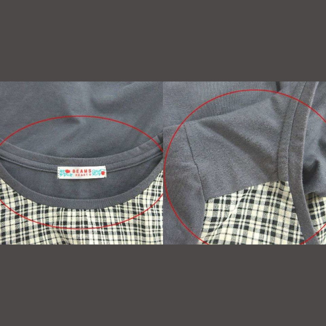 ビームスハート Tシャツ カットソー 半袖 クルーネック 切替 チェック グレー レディースのトップス(Tシャツ(半袖/袖なし))の商品写真