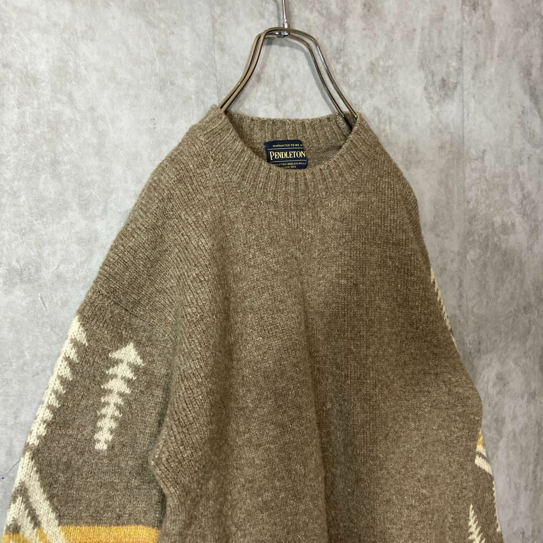 PENDLETON(ペンドルトン)の【ネイティブ柄デザイン、クルーネックニット】PENDLETON古着ウール茶M メンズのトップス(ニット/セーター)の商品写真