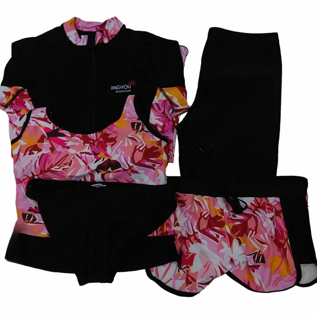 水着 ラッシュガード 黒 ピンク 5点セット 体型カバー フィットネス 新品 L レディースの水着/浴衣(水着)の商品写真