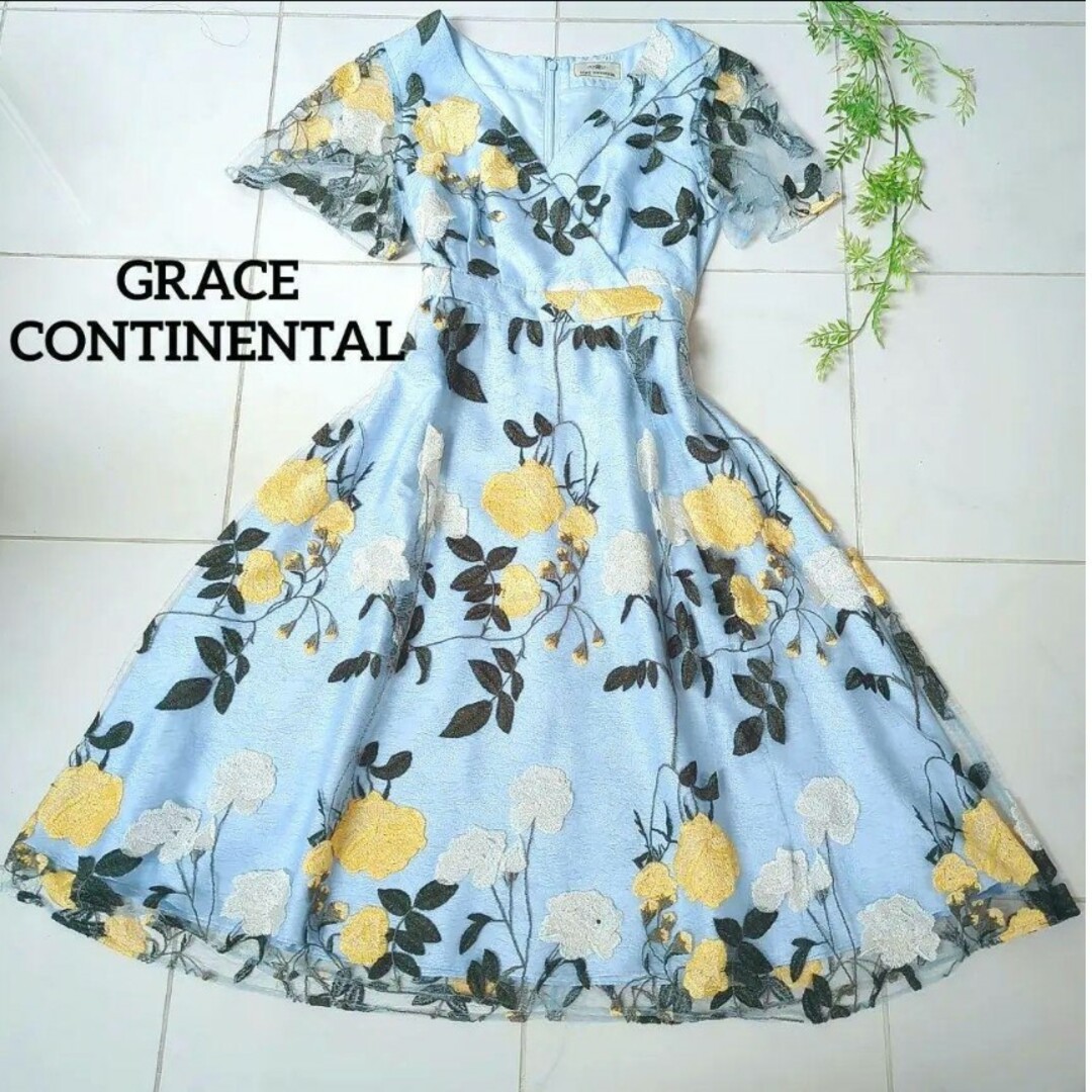 GRACE CONTINENTAL(グレースコンチネンタル)のGRACE CONTINENTAL 水色 刺繍 ワンピース 半袖 花柄 34 レディースのワンピース(ひざ丈ワンピース)の商品写真