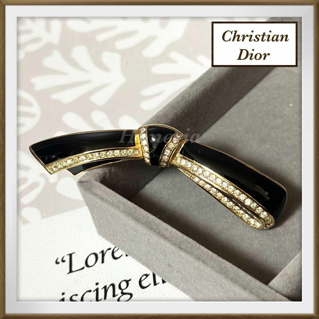 Christian Dior(クリスチャンディオール)の美品/クリスチャンディオール/ヴィンテージ/黒リボン/ブローチ/刻印あり レディースのアクセサリー(ブローチ/コサージュ)の商品写真