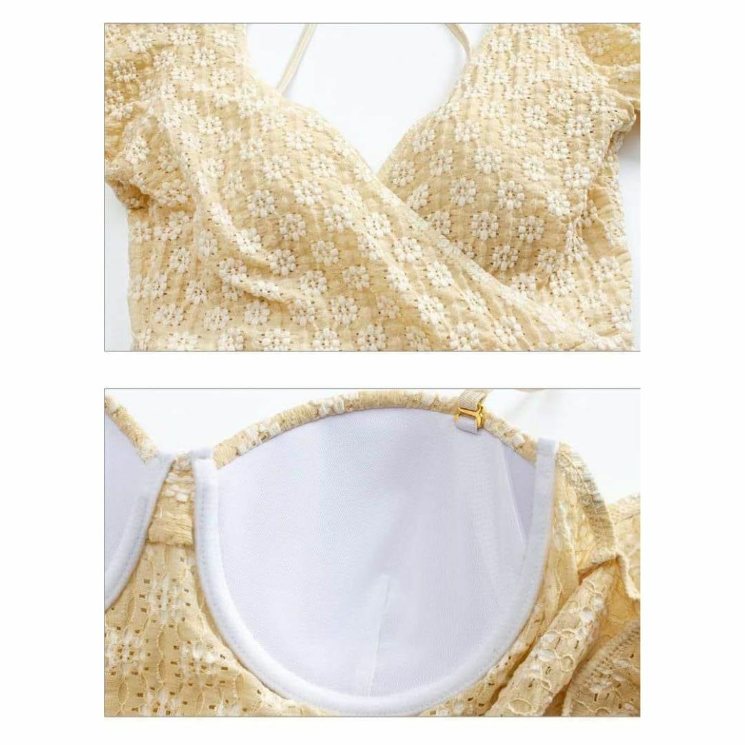 ワンピース 水着 フラワー ベージュ リボン オシャレ 綺麗め 体型カバー XL レディースの水着/浴衣(水着)の商品写真