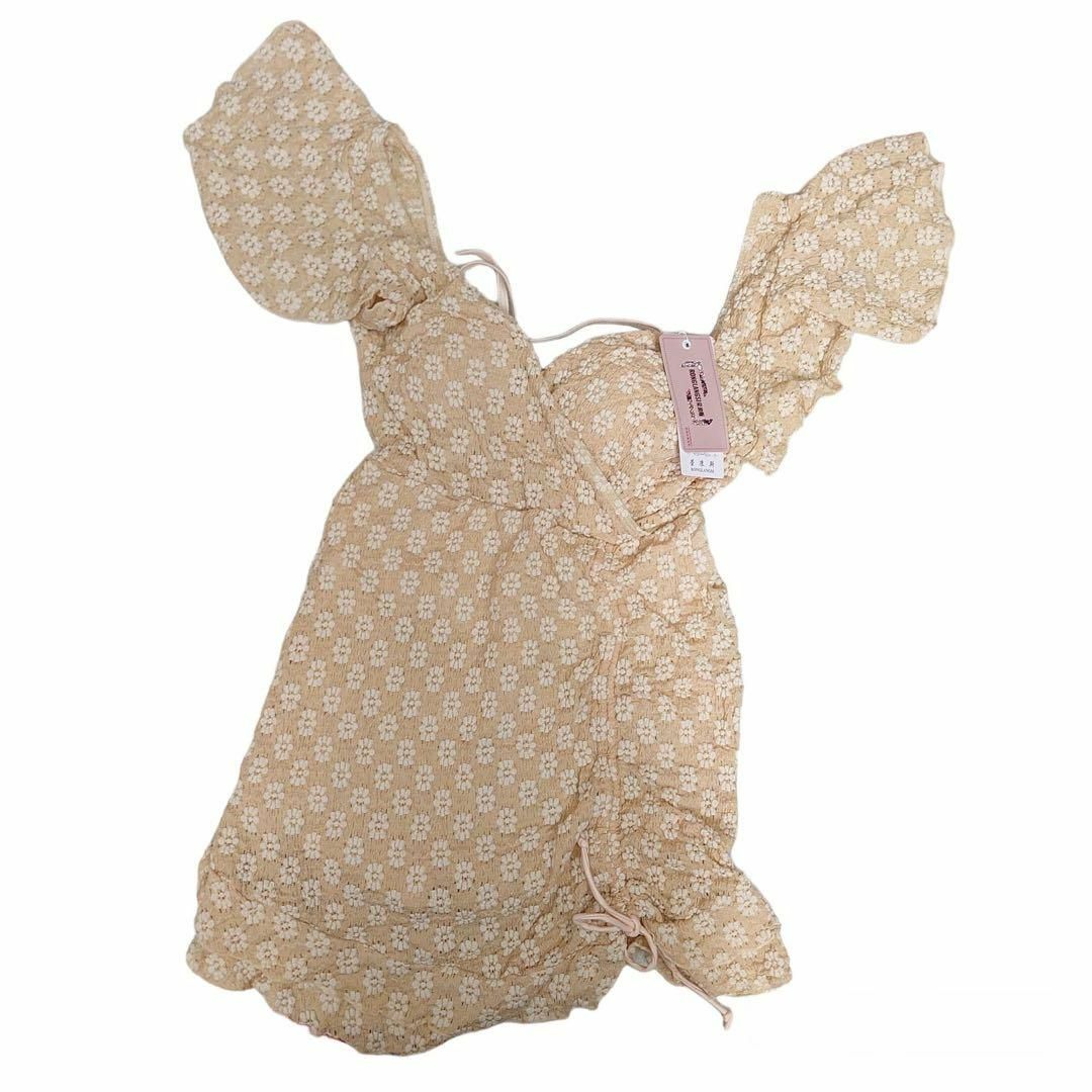 ワンピース 水着 フラワー ベージュ リボン オシャレ 綺麗め 体型カバー XL レディースの水着/浴衣(水着)の商品写真
