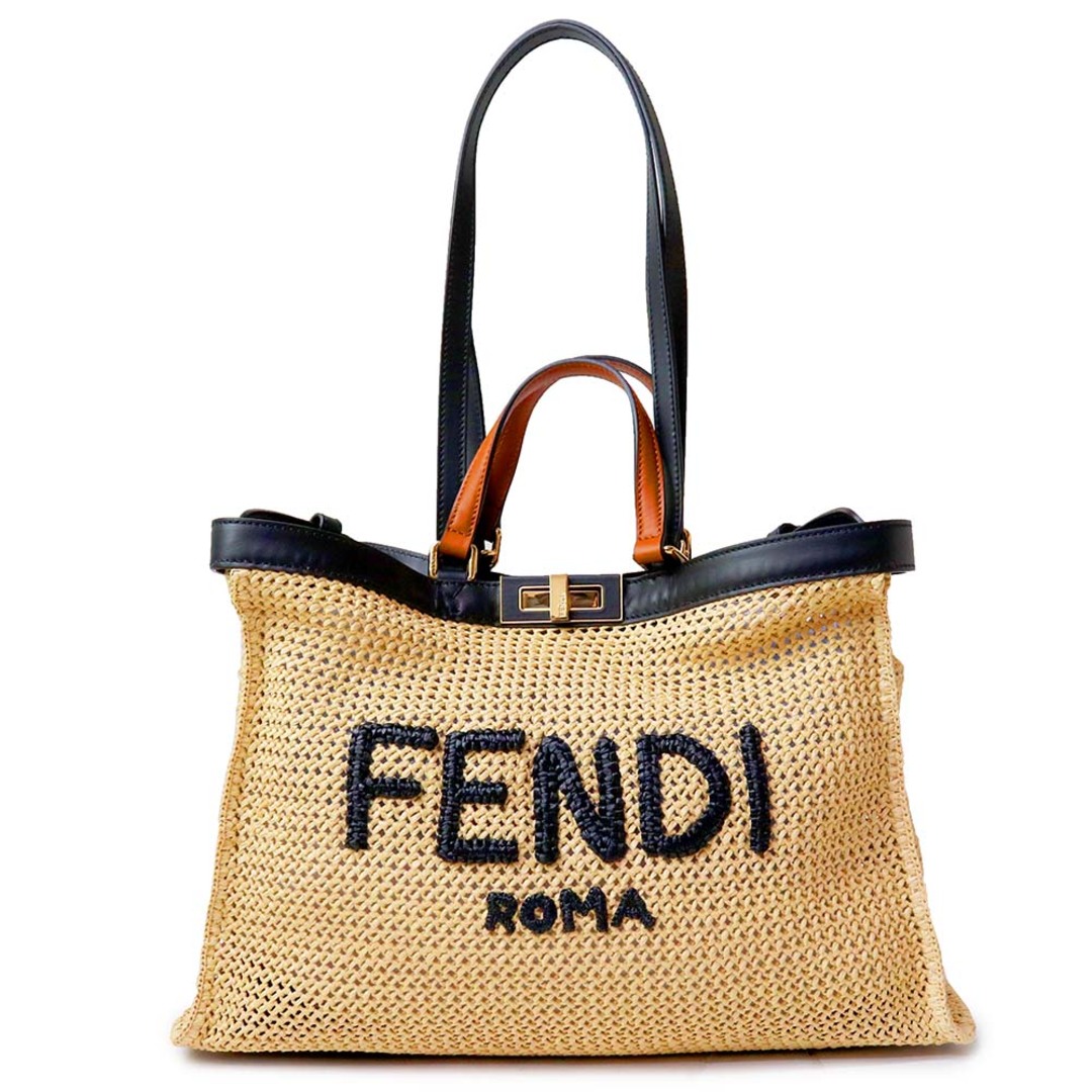 FENDI(フェンディ)のフェンディ ピーカブー エックス トート ミディアム カゴ ロゴ バッグ 2WAY ショルダー ハンドバッグ ラフィア レザー ナチュラル ベージュ ブラウン ブラック 茶 黒 ゴールド金具 8BH374 FENDI（新品・未使用品） レディースのバッグ(ハンドバッグ)の商品写真