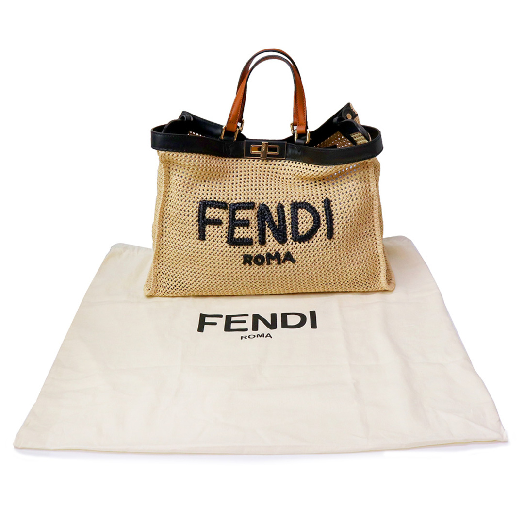 FENDI(フェンディ)のフェンディ ピーカブー エックス トート ミディアム カゴ ロゴ バッグ 2WAY ショルダー ハンドバッグ ラフィア レザー ナチュラル ベージュ ブラウン ブラック 茶 黒 ゴールド金具 8BH374 FENDI（新品・未使用品） レディースのバッグ(ハンドバッグ)の商品写真