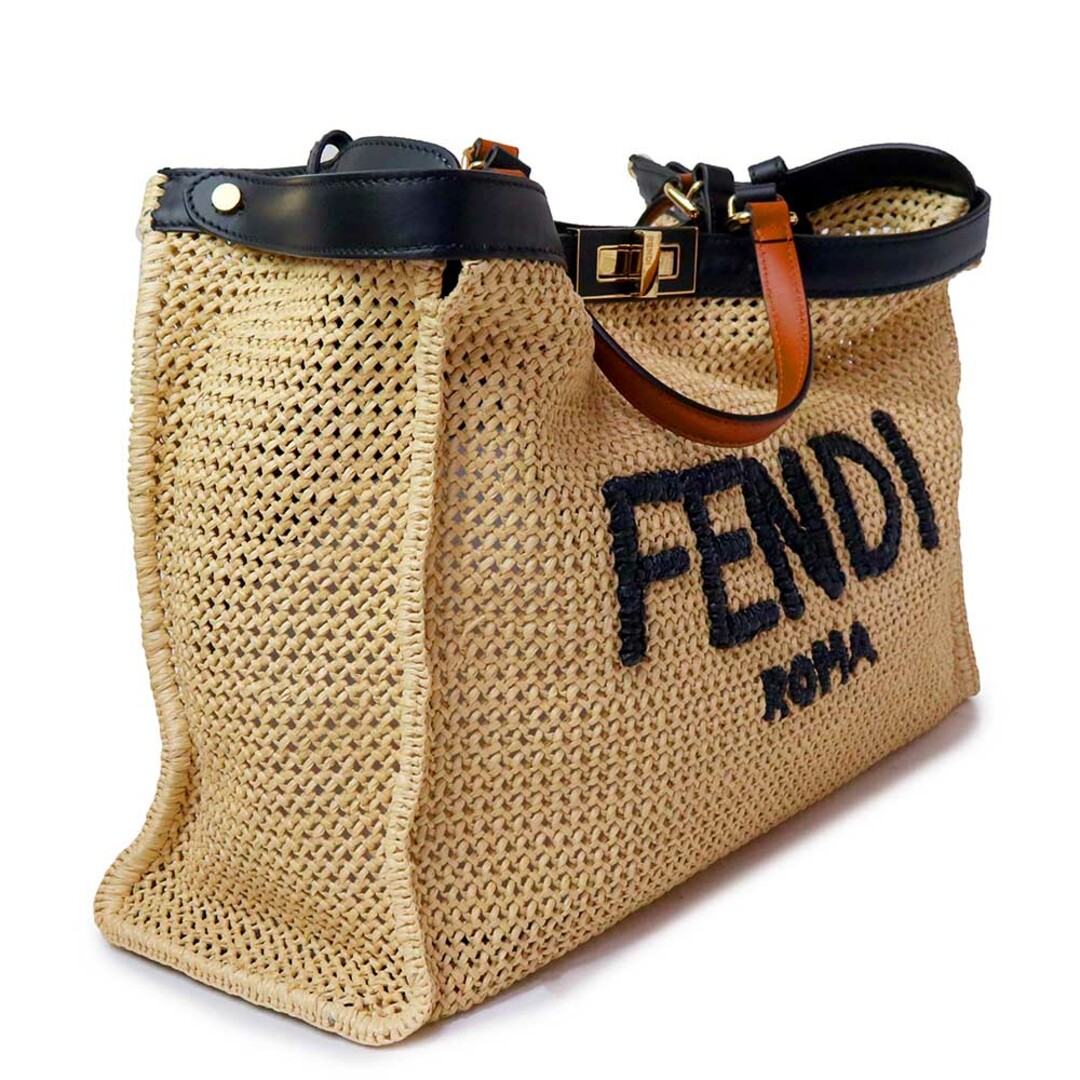 FENDI(フェンディ)のフェンディ ピーカブー エックス トート ミディアム カゴ ロゴ バッグ 2WAY ショルダー ハンドバッグ ラフィア レザー ナチュラル ベージュ ブラウン ブラック 茶 黒 ゴールド金具 8BH374 FENDI（新品・未使用品） レディースのバッグ(ハンドバッグ)の商品写真