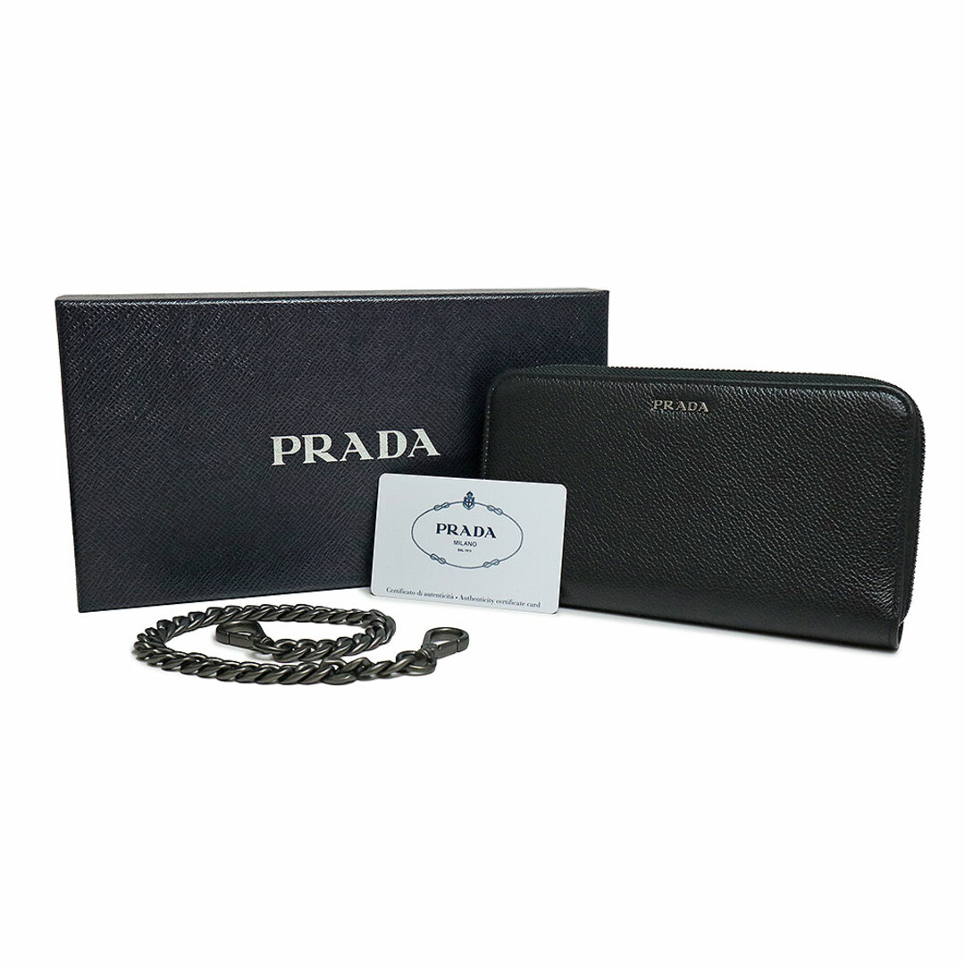 PRADA(プラダ)のプラダ チェーンストラップ付き ラウンドファスナー ジップ 長財布 ヴィテッロ マイクロ グレイン カーフレザー バイカラー ネロ メルクリオ ブラック グレー 黒 ガンメタル金具 2ML019 箱付 PRADA（新品・未使用品） メンズのファッション小物(長財布)の商品写真