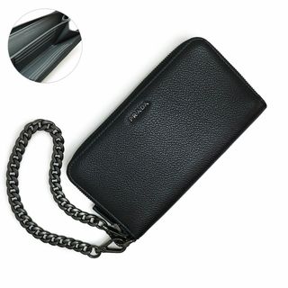 プラダ(PRADA)のプラダ チェーンストラップ付き ラウンドファスナー ジップ 長財布 ヴィテッロ マイクロ グレイン カーフレザー バイカラー ネロ メルクリオ ブラック グレー 黒 ガンメタル金具 2ML019 箱付 PRADA（新品・未使用品）(長財布)