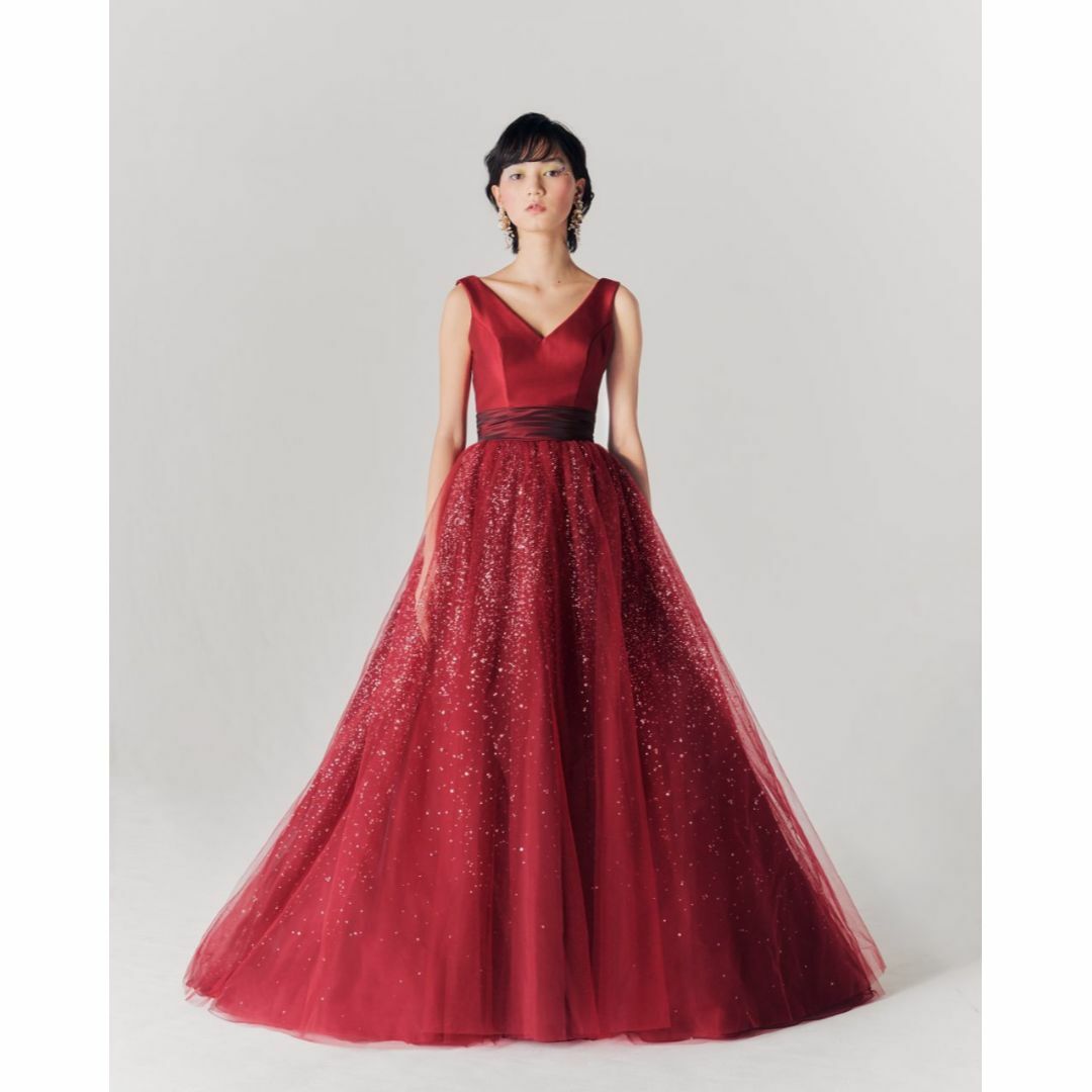 高品質！カラードレス ワインレッド Vネック キラキラチュール リボン 音楽会 レディースのフォーマル/ドレス(ウェディングドレス)の商品写真