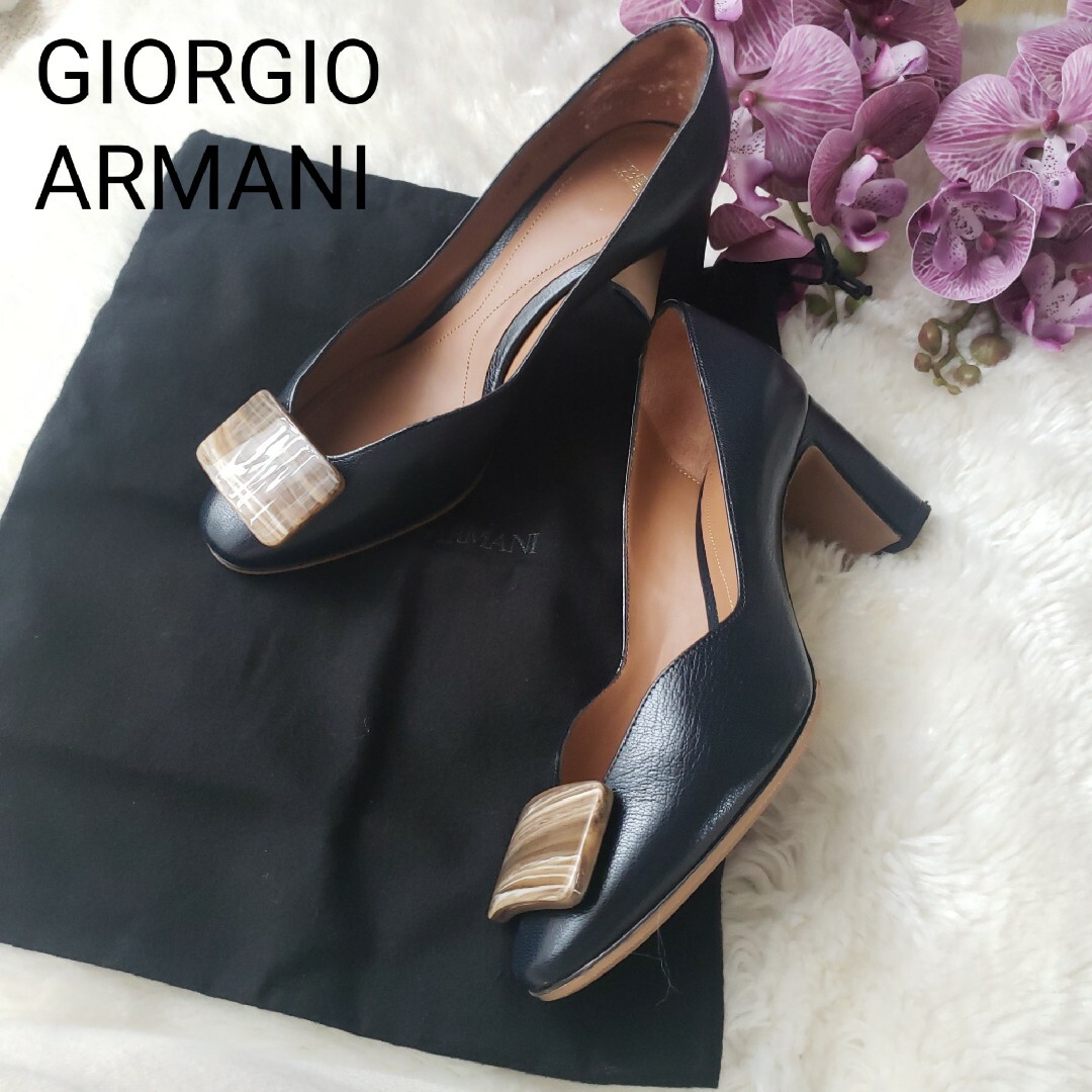 Giorgio Armani(ジョルジオアルマーニ)のGIORGIO ARMANI マーブル飾り付きチャンキーヒール パンプス袋付き レディースの靴/シューズ(ハイヒール/パンプス)の商品写真