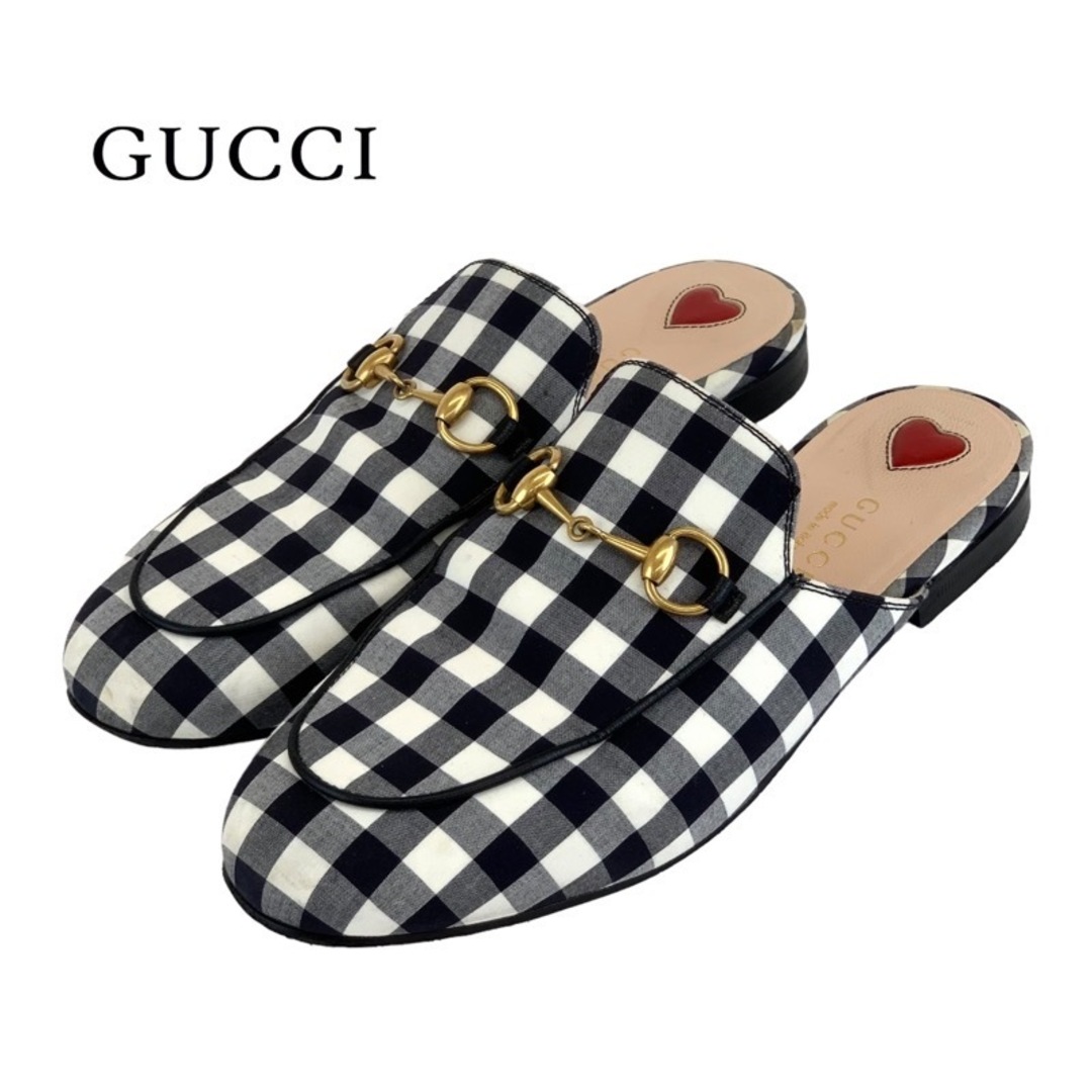 Gucci(グッチ)のグッチ GUCCI プリンスタウン フラットシューズ 靴 シューズ ファブリック ブラック ホワイト ミュール ホースビット チェック レディースの靴/シューズ(ミュール)の商品写真