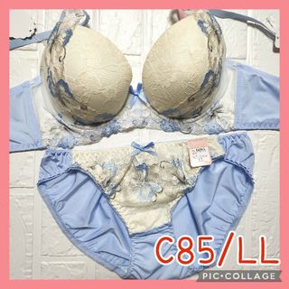 新品未使用 ブラジャーショーツセット C85/LL 10385 青×クリーム色(ブラ&ショーツセット)