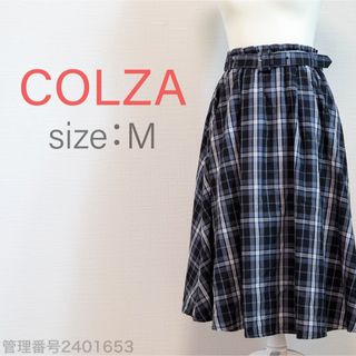 コルザ(COLZA)のCOLZA ウエストゴム入り　ベルト付きチェック柄ミディ丈フレアスカート　M(ひざ丈スカート)