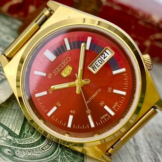 セイコー(SEIKO)の【存在感あり】セイコー5 メンズ腕時計 レッド ゴールド 自動巻き ヴィンテージ(腕時計(アナログ))
