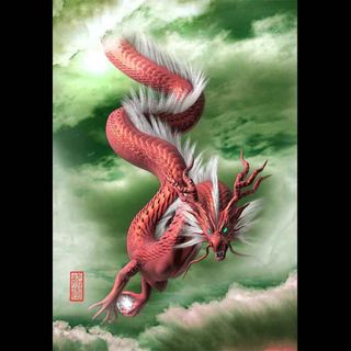 龍の絵「下り龍・赤龍」自作A4　竜の絵(絵画/タペストリー)