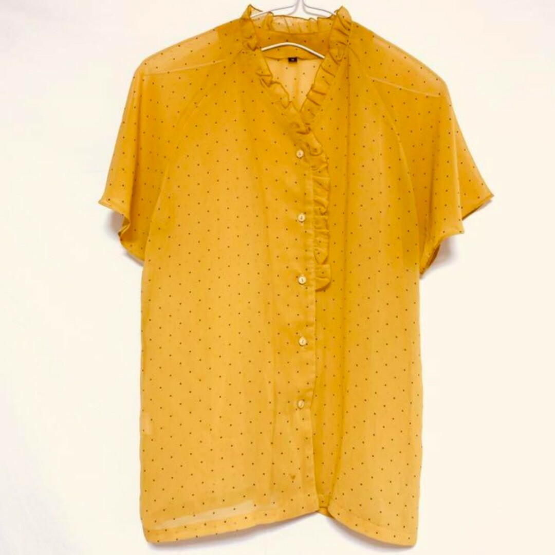 半袖 シースルー シャツ ブラウス 水玉 ドット柄 黄色 イエロー からし色 レディースのトップス(シャツ/ブラウス(半袖/袖なし))の商品写真