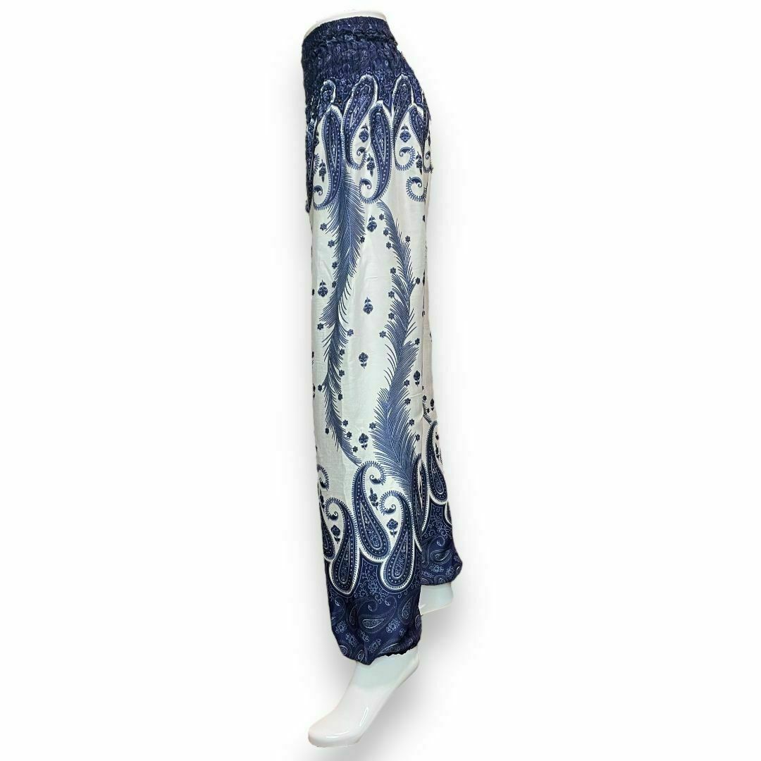 タイパンツ ポケット付き レディース シャーリング シャーリング 青 白 レディースのパンツ(サルエルパンツ)の商品写真