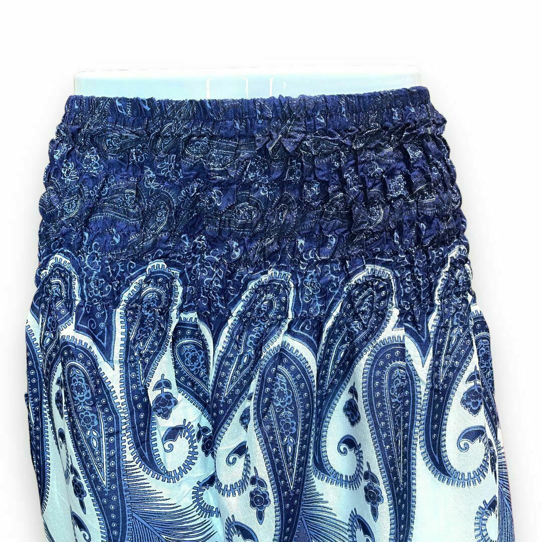 タイパンツ ポケット付き レディース シャーリング シャーリング 青 白 レディースのパンツ(サルエルパンツ)の商品写真