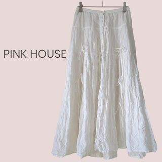 ピンクハウス(PINK HOUSE)のピンクハウス 前開き  ロングスカート リボン 白 アイボリー(ロングスカート)