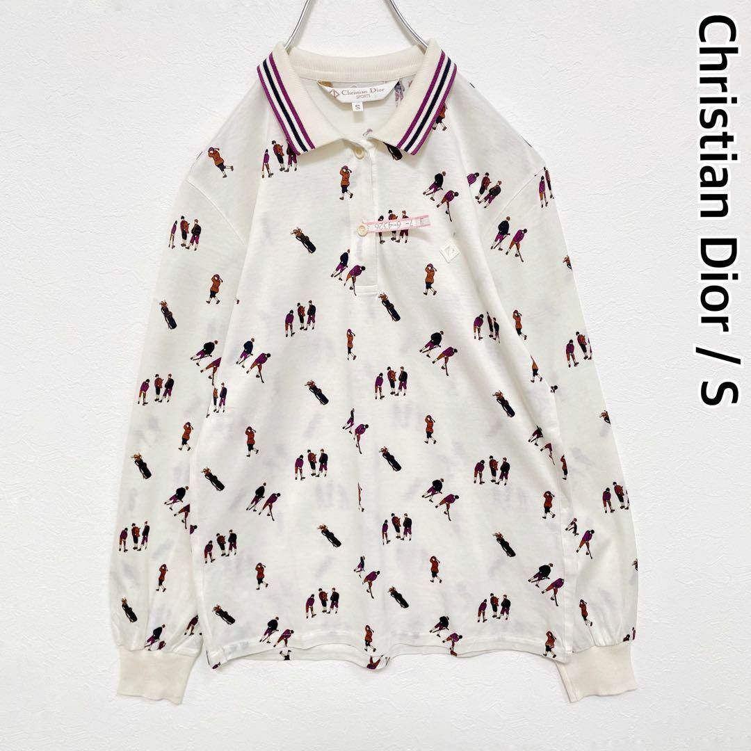 Christian Dior(クリスチャンディオール)のクリスチャンディオール　オールド　総柄　ロゴワッペン　長袖　ポロシャツ　白　S レディースのトップス(ポロシャツ)の商品写真
