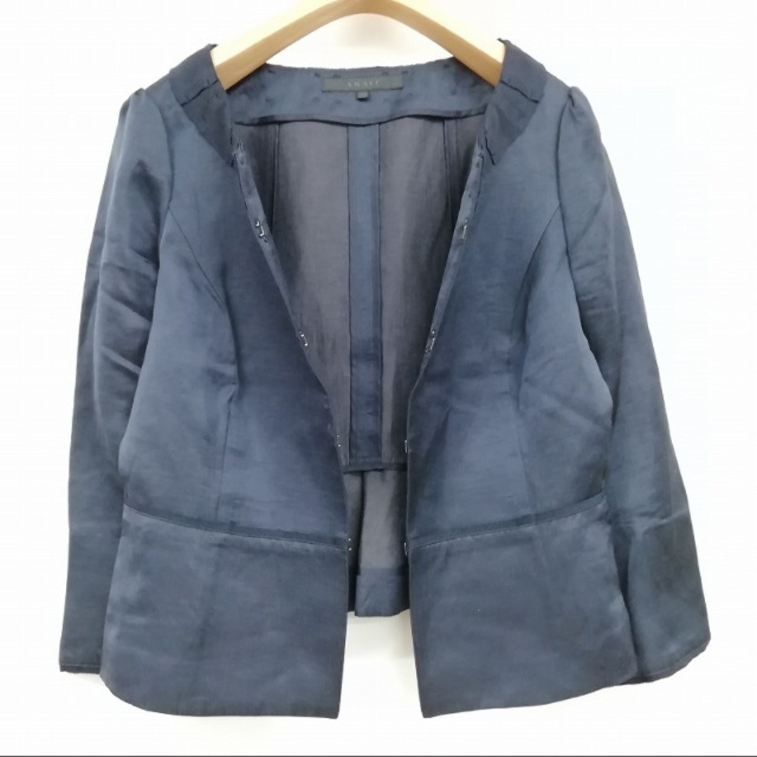 ANAYI(アナイ)の美品 ノーカラージャケット ショート丈 38 ネイビー レディースのジャケット/アウター(ノーカラージャケット)の商品写真
