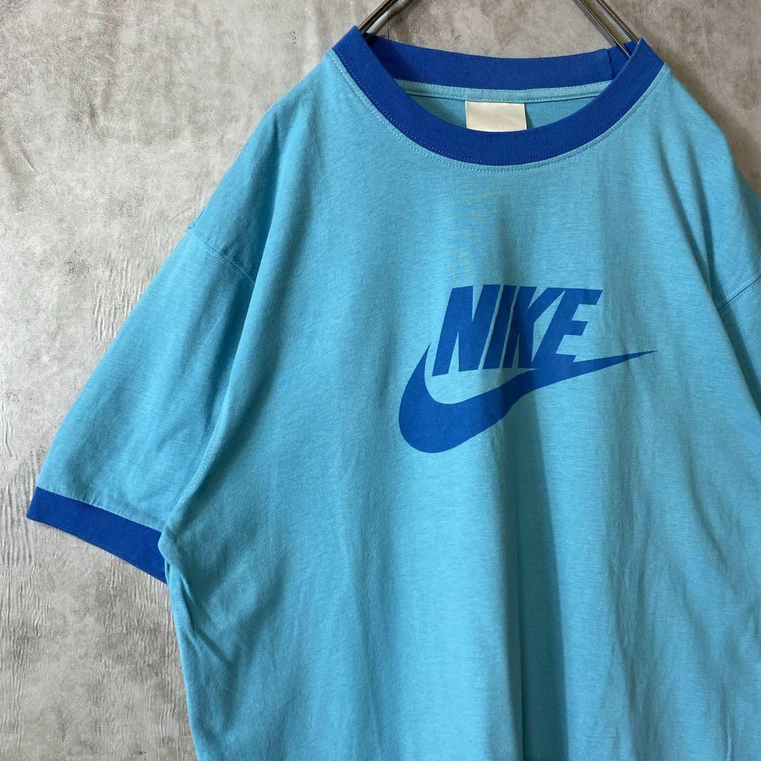 NIKE(ナイキ)の【リンガーTシャツ】NIKEビッグスウッシュロゴ古着ストリート青あいみょん半袖 メンズのトップス(Tシャツ/カットソー(半袖/袖なし))の商品写真