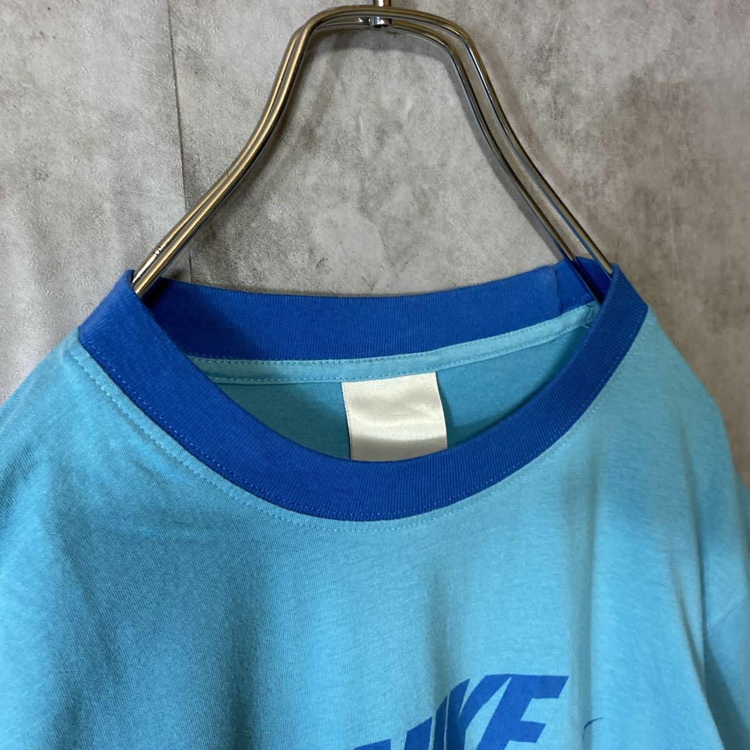 NIKE(ナイキ)の【リンガーTシャツ】NIKEビッグスウッシュロゴ古着ストリート青あいみょん半袖 メンズのトップス(Tシャツ/カットソー(半袖/袖なし))の商品写真