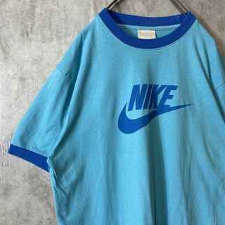 ナイキ(NIKE)の【リンガーTシャツ】NIKEビッグスウッシュロゴ古着ストリート青あいみょん半袖(Tシャツ/カットソー(半袖/袖なし))