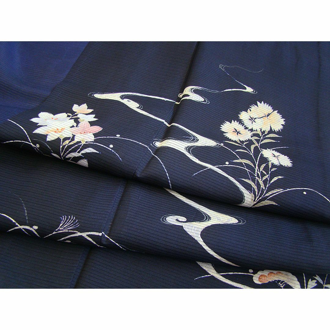 「縁」150ｃｍ～156ｃｍ 夏物 駒絽 藍紺色 訪問着 正絹 Ｉ８４７ レディースの水着/浴衣(着物)の商品写真