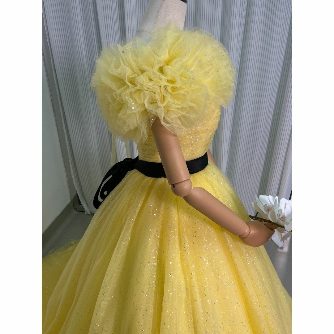 パーティードレス カナリーイエロー 取り外しオフショルダー キラキラチュール  レディースのフォーマル/ドレス(ウェディングドレス)の商品写真