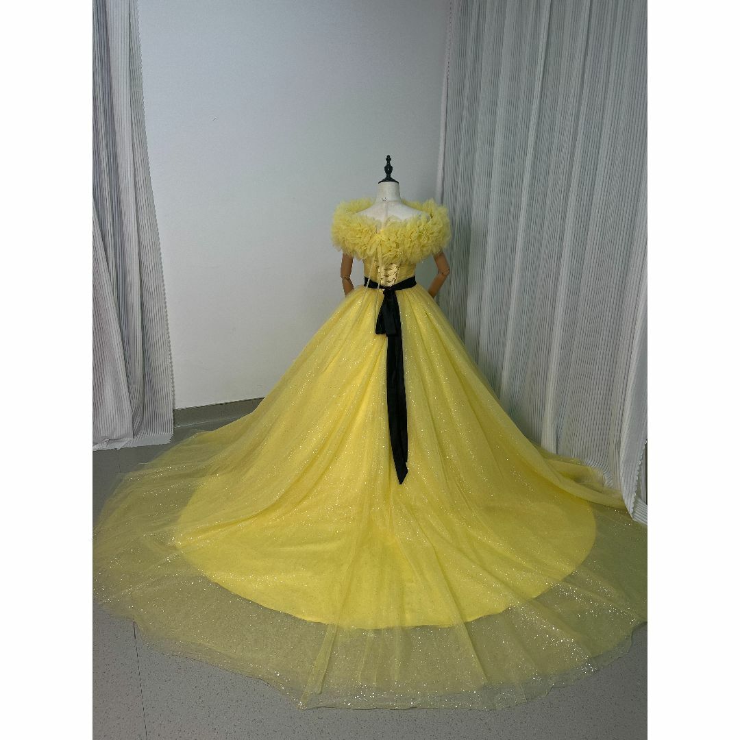 パーティードレス カナリーイエロー 取り外しオフショルダー キラキラチュール  レディースのフォーマル/ドレス(ウェディングドレス)の商品写真
