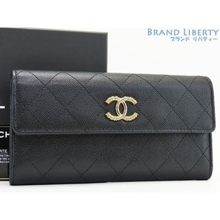 シャネル(CHANEL)のほぼ新品シャネルマトラッセココマークキャビアスキン二つ折り長財布ブラ(財布)