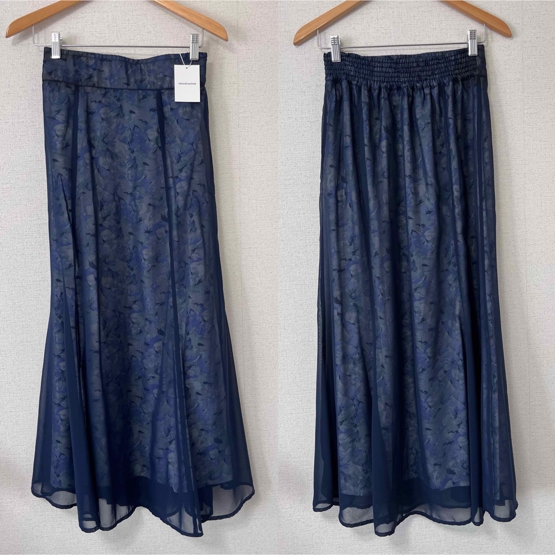 natural couture(ナチュラルクチュール)のosono 長さ変えれる シアー重ねスカート 花柄 ブルー ネイビー 青 レディースのスカート(ロングスカート)の商品写真